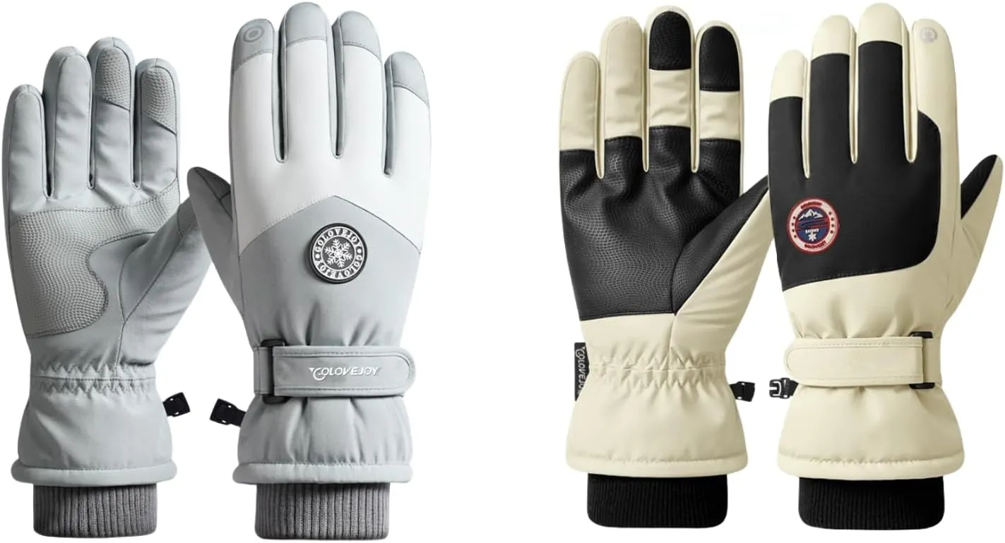 2 Pair Winter Ski Snow Gloves for Men, Women, Youth Gray Beige| Touchscreen & Waterproof Cold Weather Hand Warming Gloves Winter Work Gloves Ski Trip Essential
