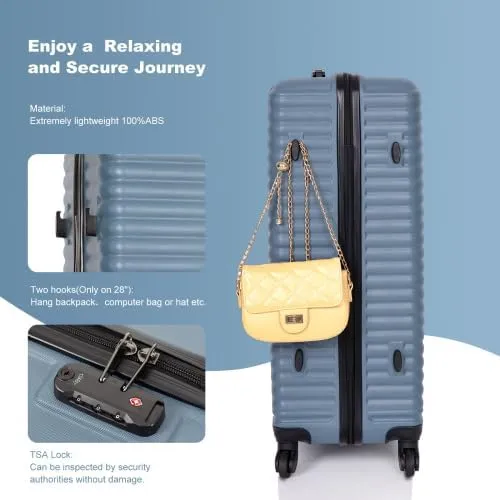 3 Piece Lightweight Luggage Set with 360 Spinner Wheels & TSA Lock, Nesting Suitcases 20/24/28 Inch for Travel, 2 Hooks & Expandable Storage, Blue