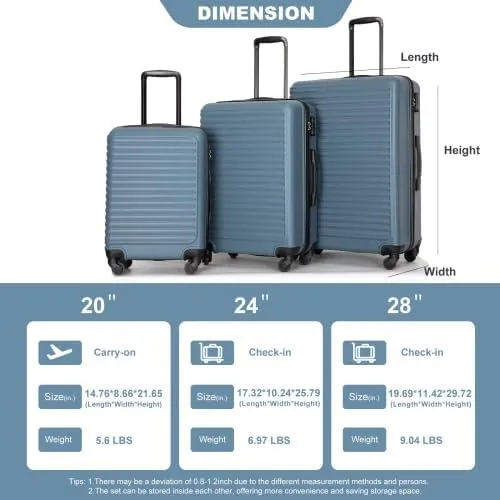 3 Piece Lightweight Luggage Set with 360 Spinner Wheels & TSA Lock, Nesting Suitcases 20/24/28 Inch for Travel, 2 Hooks & Expandable Storage, Blue