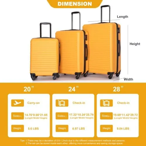3 Piece Lightweight Luggage Set with 360 Spinner Wheels & TSA Lock, Nesting Suitcases 20/24/28 Inch for Travel, 2 Hooks & Expandable Storage, Orange