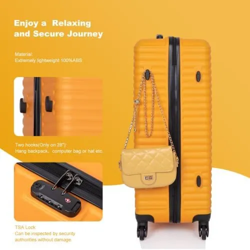 3 Piece Lightweight Luggage Set with 360 Spinner Wheels & TSA Lock, Nesting Suitcases 20/24/28 Inch for Travel, 2 Hooks & Expandable Storage, Orange