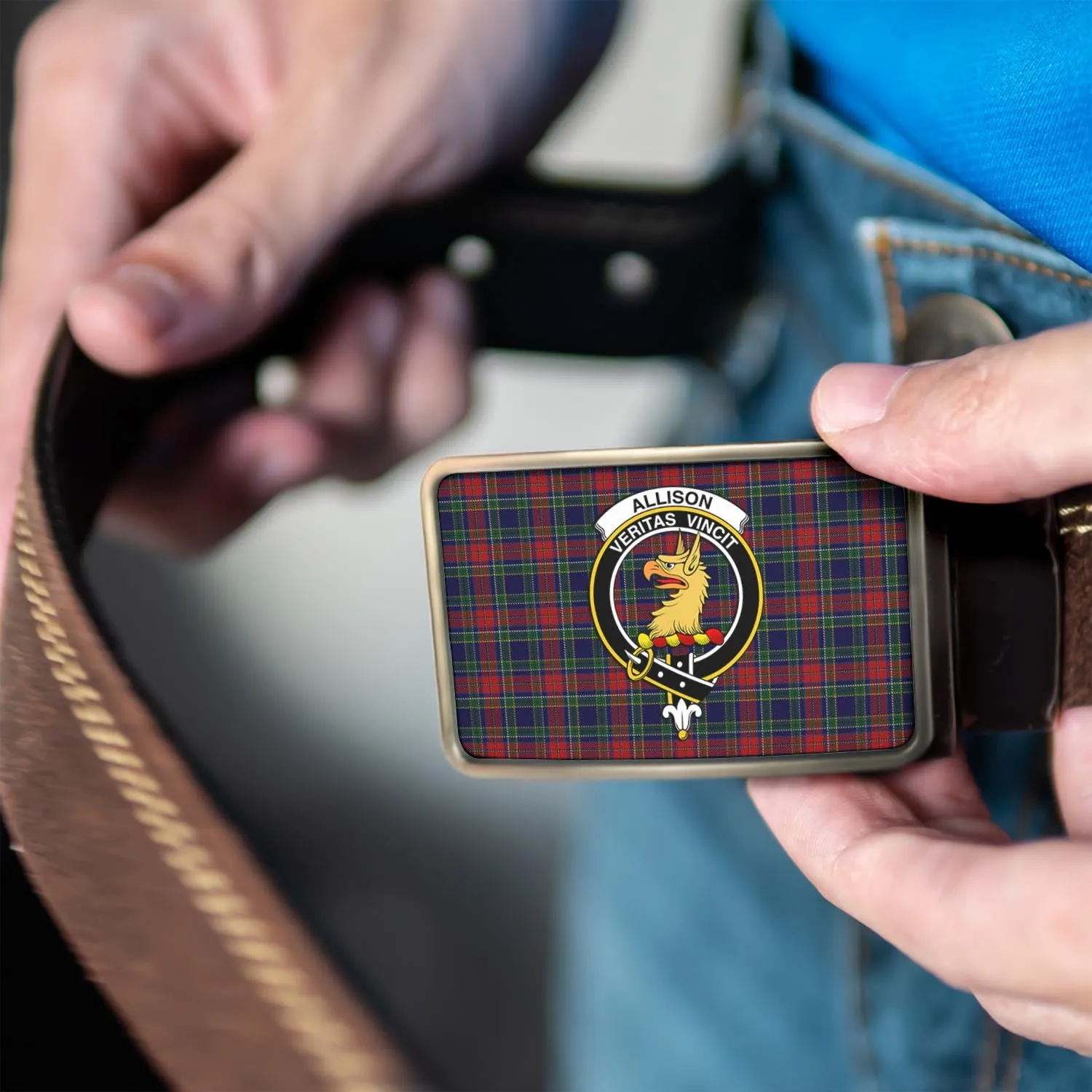 Allison Red Tartan Belt Buckles with Family Crest