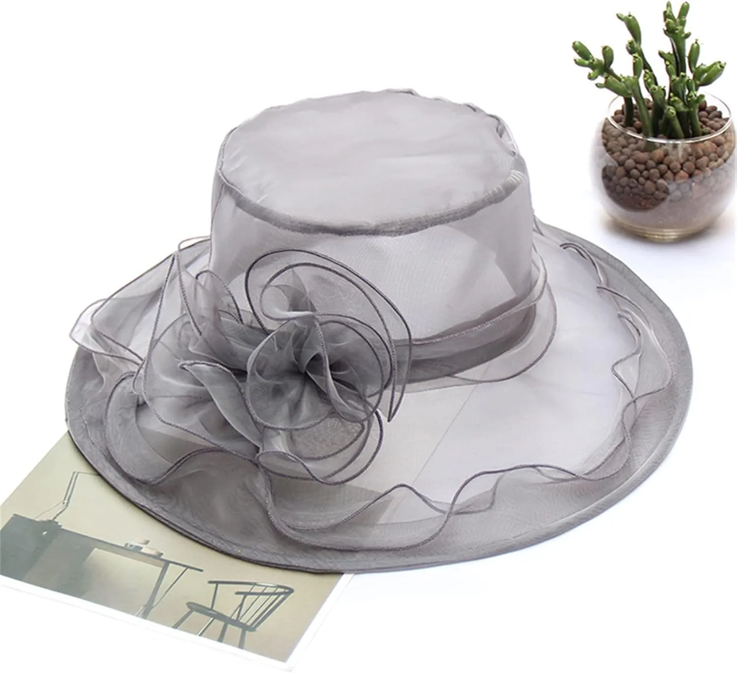 Awoscut Women's Elegant Flower Organza Sun Hat Breathable Summer Wide Brim Visor Caps for Seaside Beach Party Outdoor