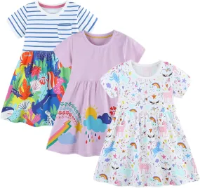 BeiVSlley Toddler Girls Dresses 3-Pack | Cotton Short Sleeve Summer Dress with Twirl Skirt | Cute Cartoon Sundress 2-7T