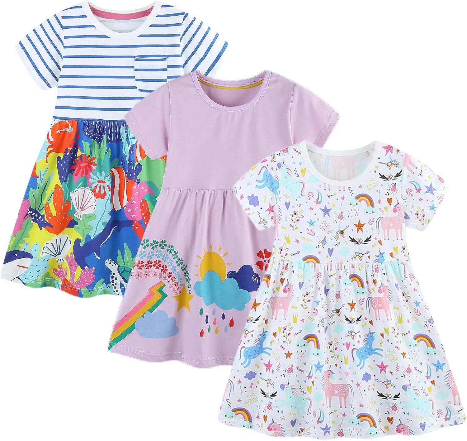 BeiVSlley Toddler Girls Dresses 3-Pack | Cotton Short Sleeve Summer Dress with Twirl Skirt | Cute Cartoon Sundress 2-7T