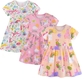 BeiVSlley Toddler Girls Dresses 3-Pack | Cotton Short Sleeve Summer Dress with Twirl Skirt | Cute Cartoon Sundress 2-7T