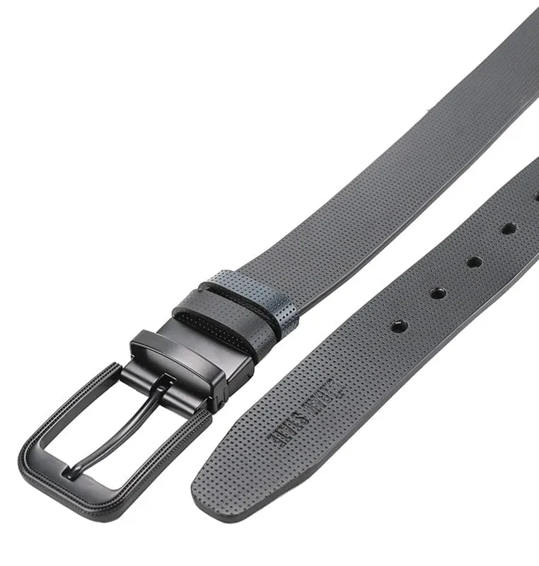 Black Modern Pin Buckle Reversible Top Grain Leather Belt - Black Blue