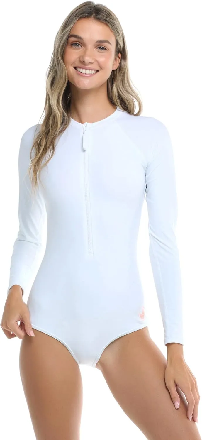 Body Glove Women's Standard Smoothies Channel Solid Long Sleeve Zip Front One Piece Paddle Swimsuit