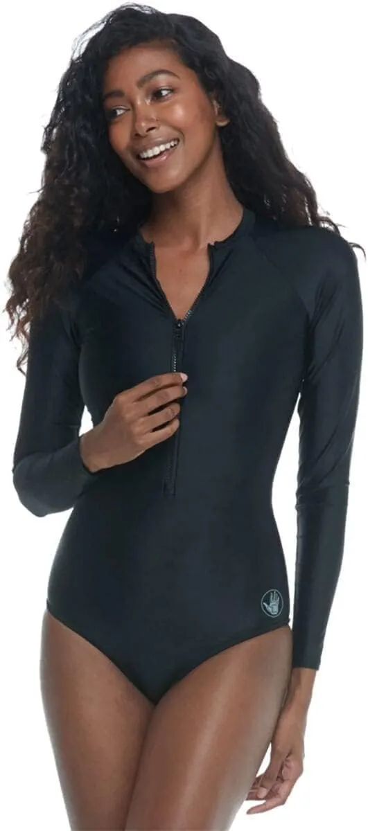 Body Glove Women's Standard Smoothies Channel Solid Long Sleeve Zip Front One Piece Paddle Swimsuit