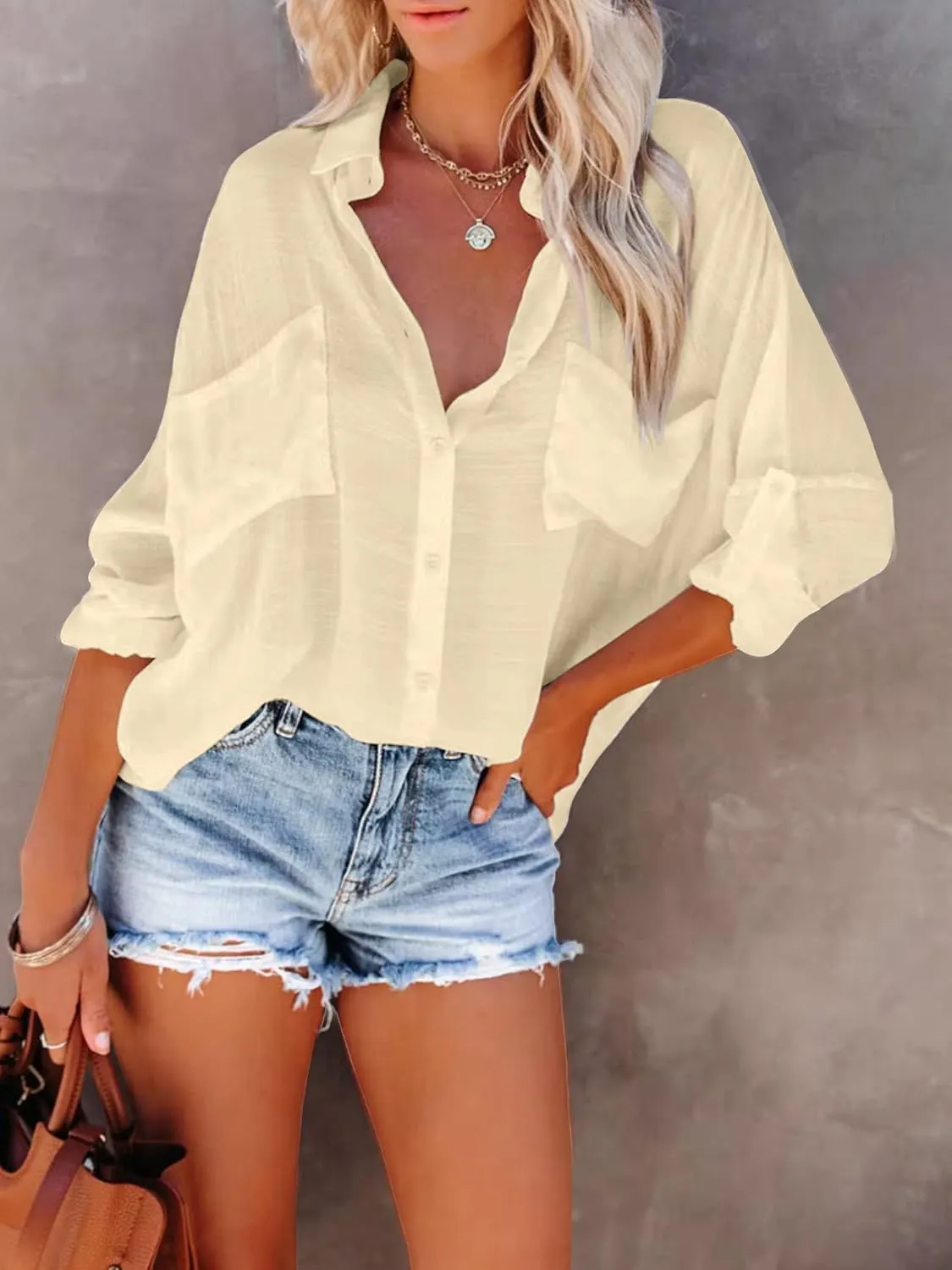 Breezy Lane Button Down Shirt for Women Beach Cover Up Long Sleeve Blouses