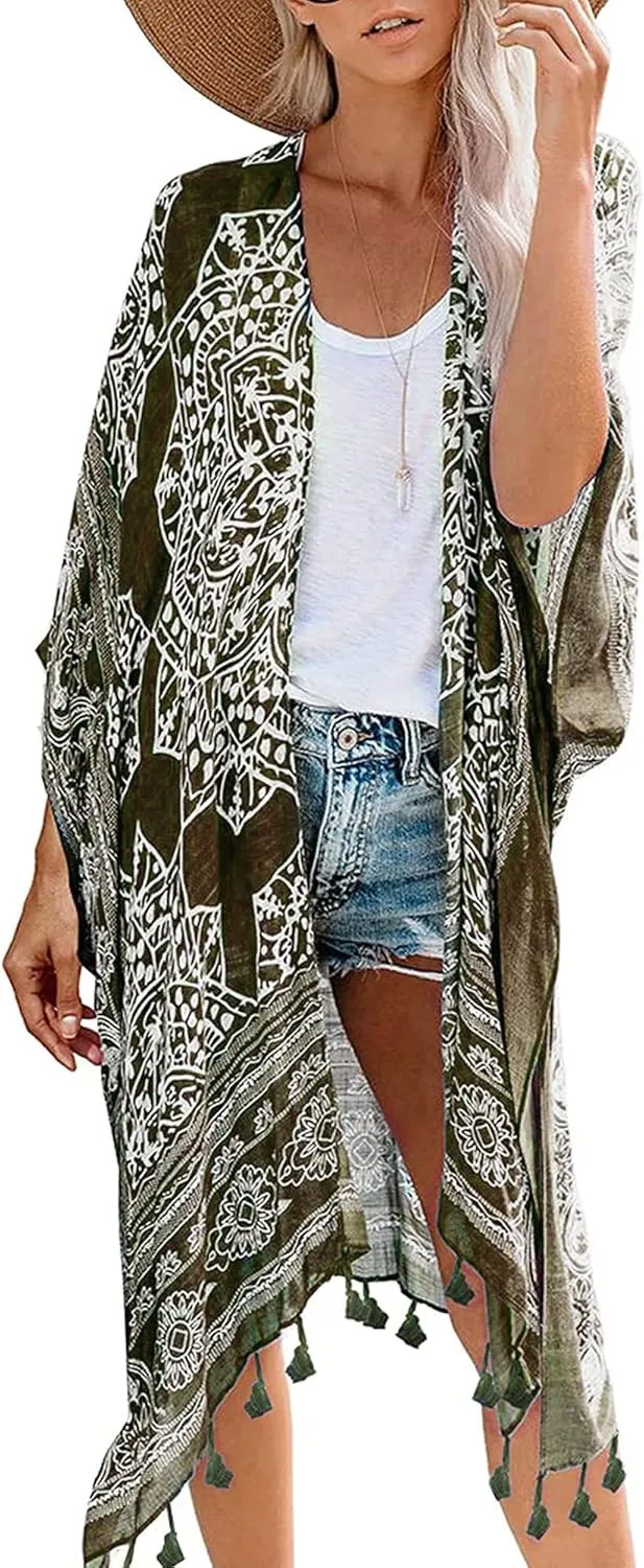 Breezy Lane Women's Kimono Cardigan Summer Swimsuit Coverups Beach Cover Up with Floral Print for Vacation