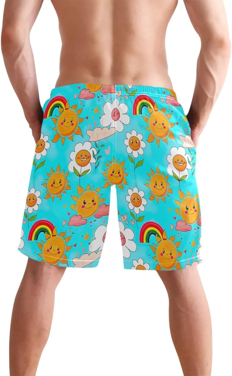 Cheerful Flowers Sun Blue Sky Swim Trunks Men Cute Elastic Waist Quick Dry Surf Beach Board Shorts S