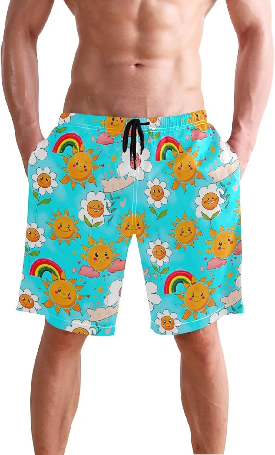 Cheerful Flowers Sun Blue Sky Swim Trunks Men Cute Elastic Waist Quick Dry Surf Beach Board Shorts S