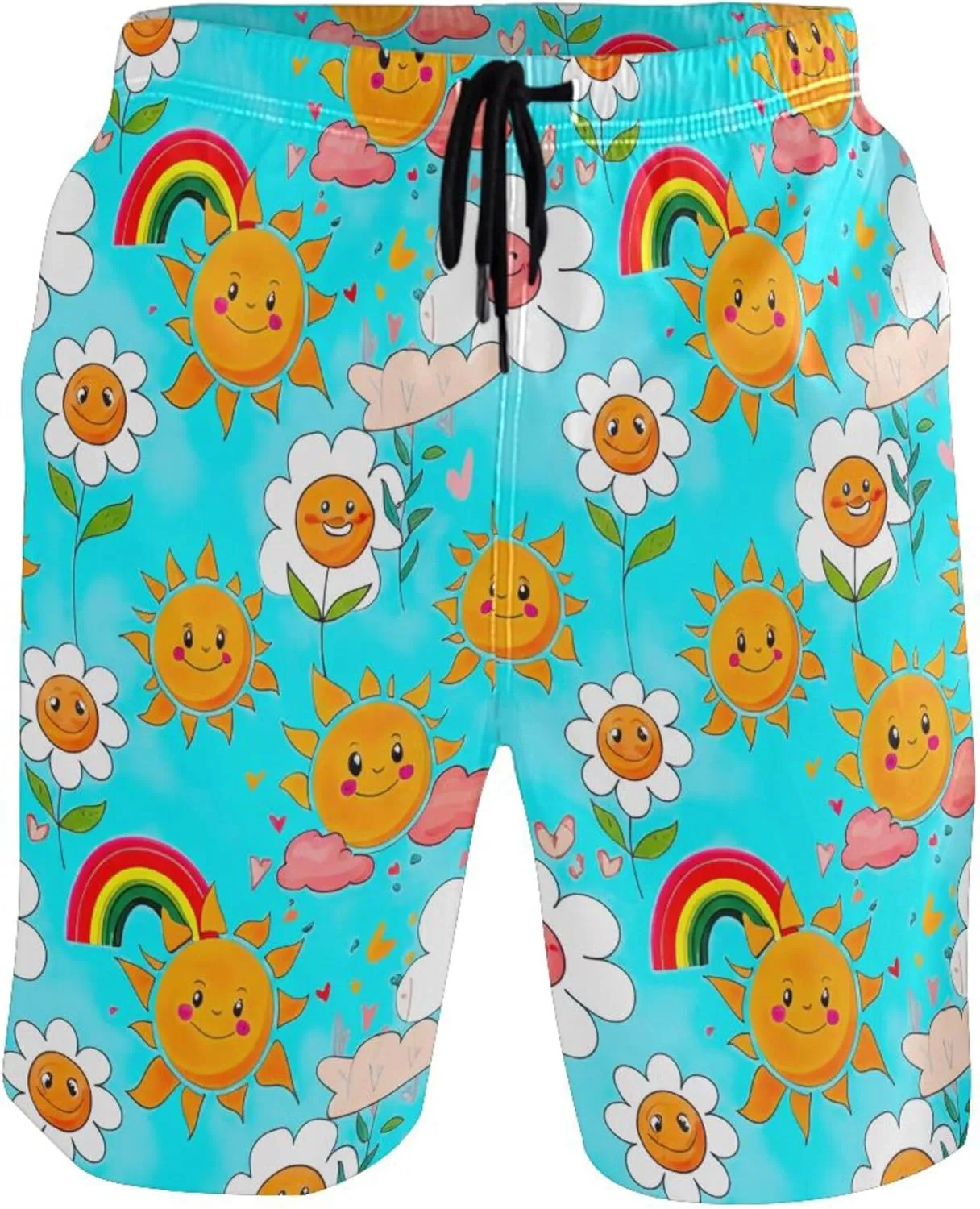 Cheerful Flowers Sun Blue Sky Swim Trunks Men Cute Elastic Waist Quick Dry Surf Beach Board Shorts S
