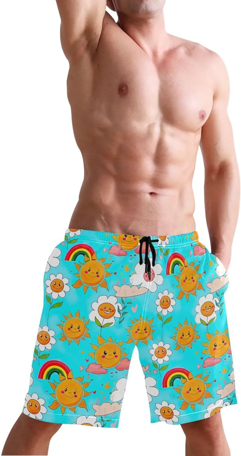 Cheerful Flowers Sun Blue Sky Swim Trunks Men Cute Elastic Waist Quick Dry Surf Beach Board Shorts S