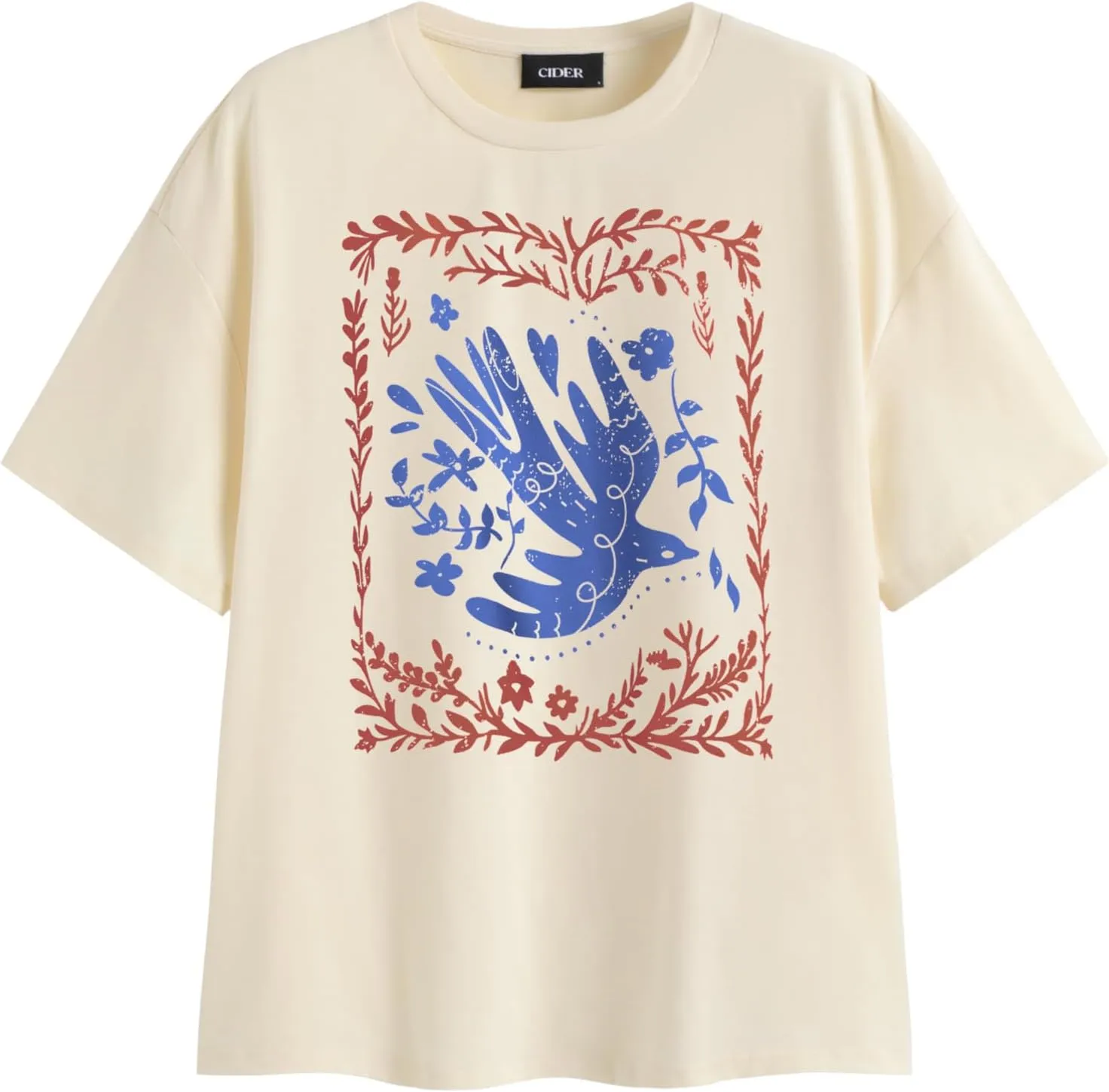 CIDER Graphic Tees for Women Floral Print Crew Neck Oversized T Shirt Short Sleeve Casual Loose Fit Top