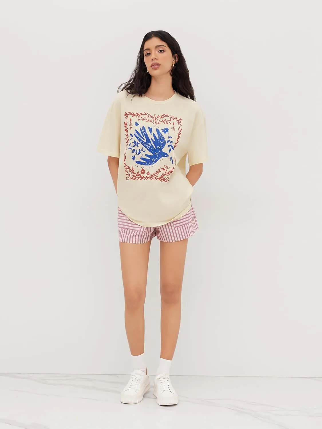 CIDER Graphic Tees for Women Floral Print Crew Neck Oversized T Shirt Short Sleeve Casual Loose Fit Top