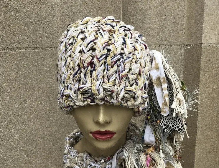 Funky Chic Creamy Yellow Tweed Ponytail/Bun Hat, (PB2)