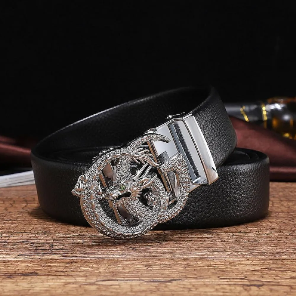 Genuine Leather Ratchet Belts for Men, Adjustable Designer Belt for Men,Trim to Fit,Snake Buckle