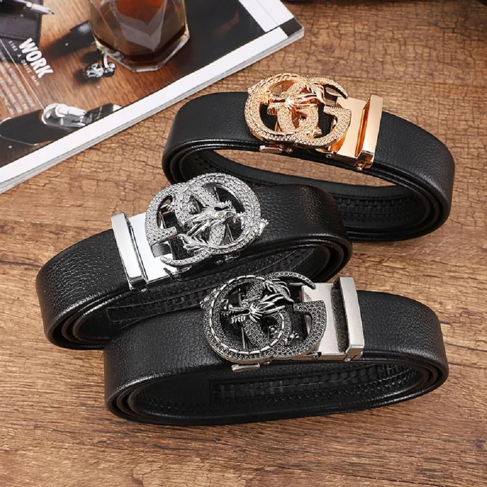 Genuine Leather Ratchet Belts for Men, Adjustable Designer Belt for Men,Trim to Fit,Snake Buckle