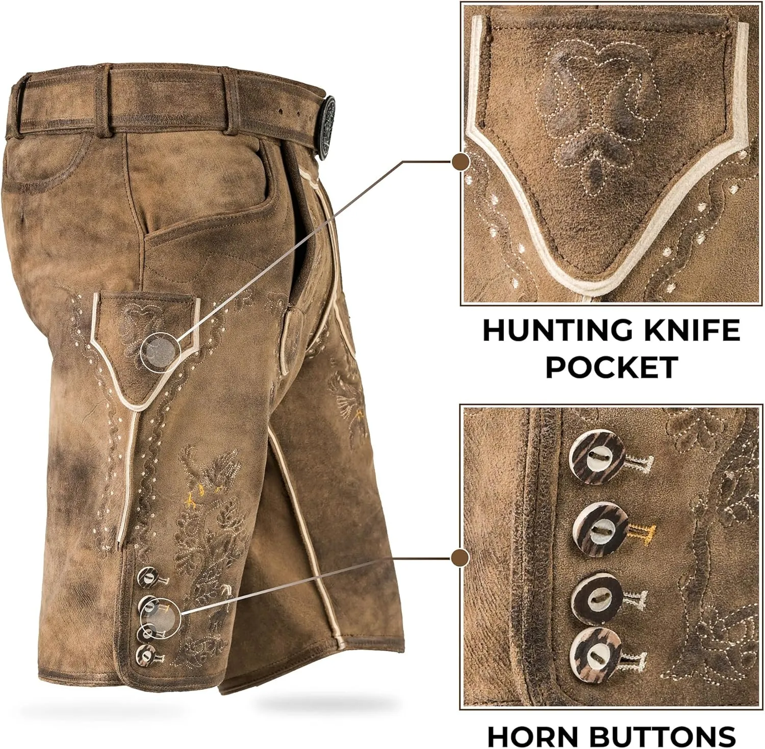 Lederhosen Men - Authentic German Bavarian and Oktoberfest Costume for men - Genuine Leather - Smoke Brown