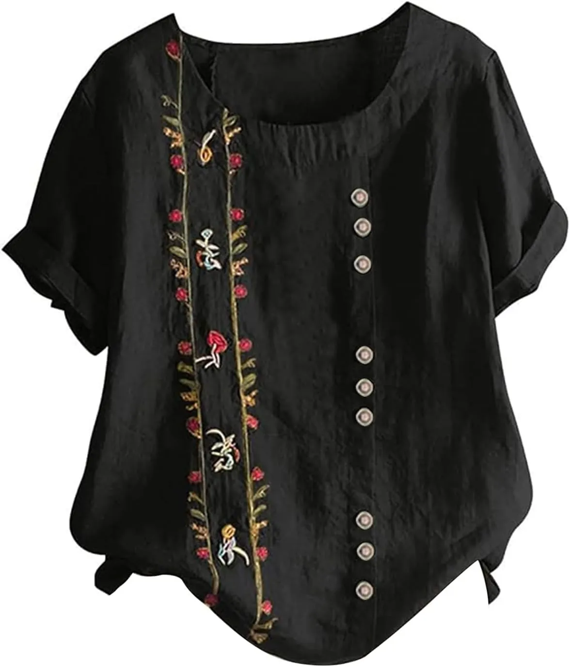 Linen Button-Down Shirt for Women - Floral Embroidered Short Sleeve, Lightweight & Airy, Beach to Office Wear