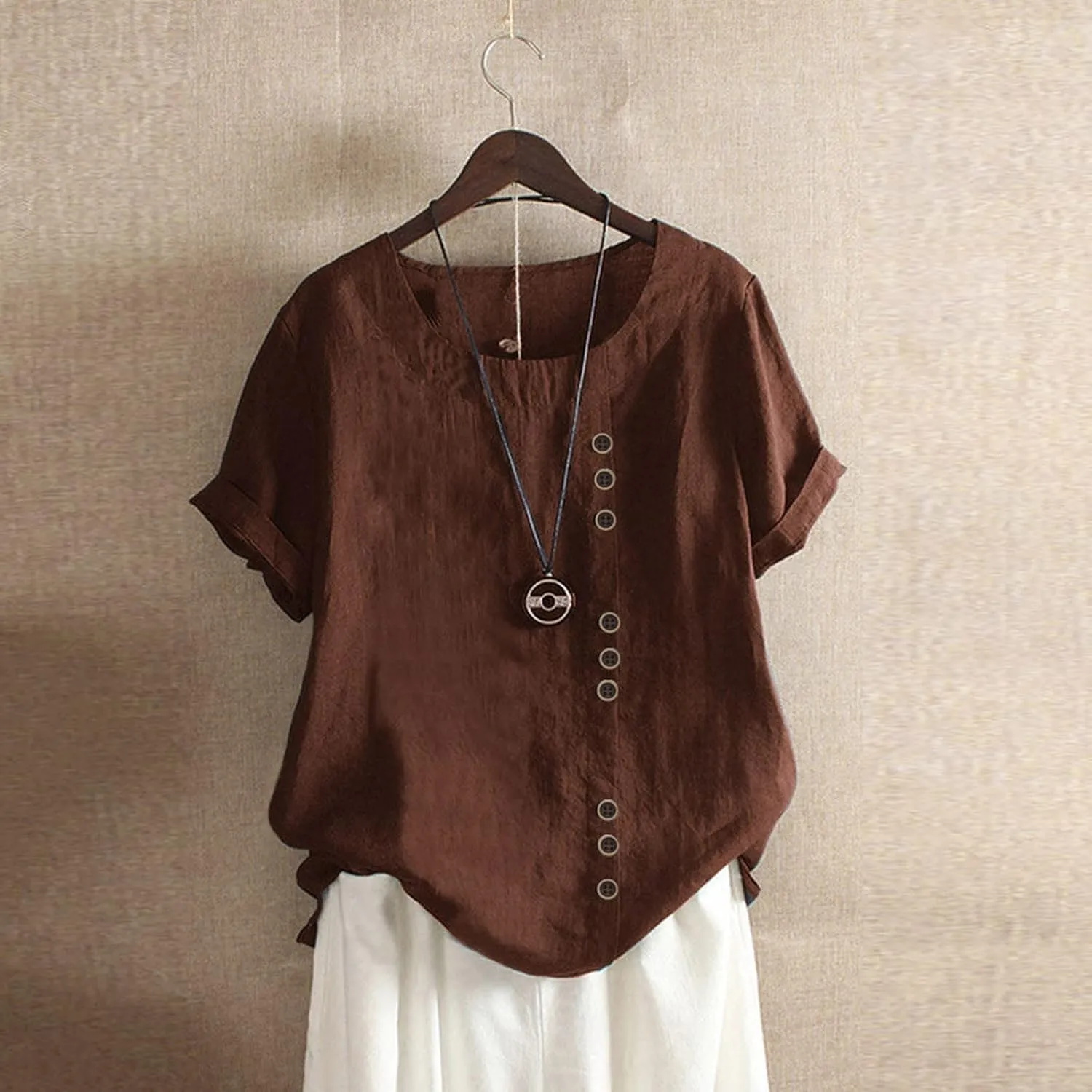 Linen Button-Down Shirt for Women - Floral Embroidered Short Sleeve, Lightweight & Airy, Beach to Office Wear