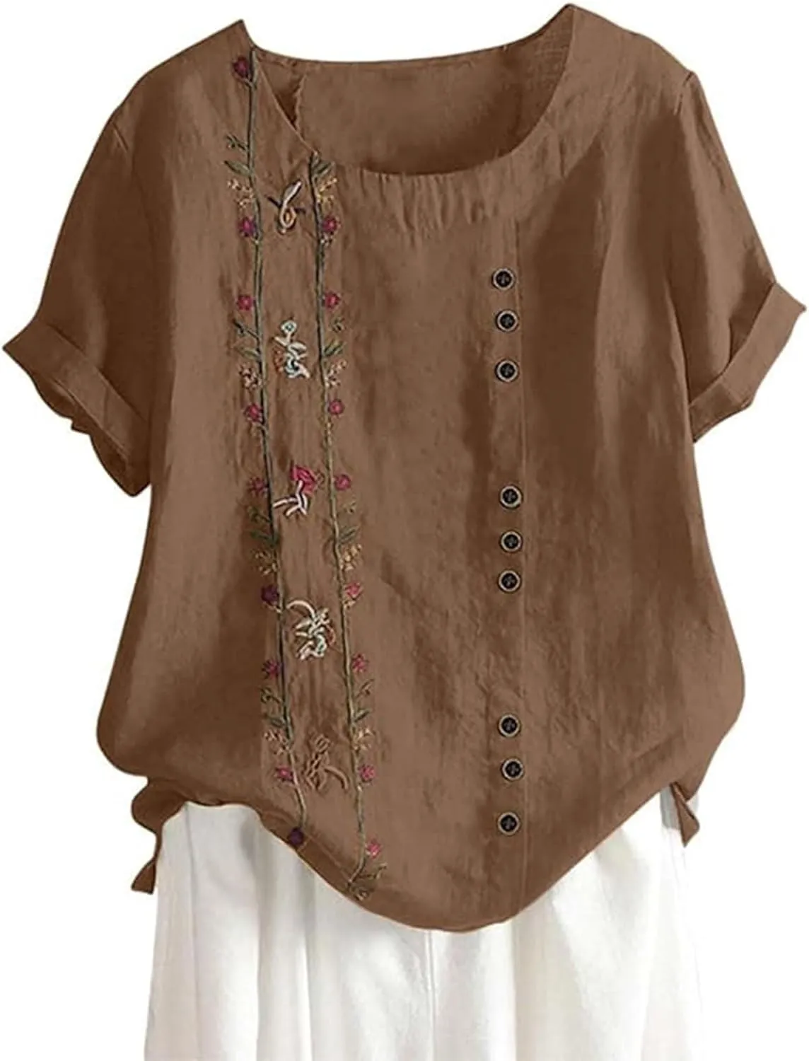 Linen Button-Down Shirt for Women - Floral Embroidered Short Sleeve, Lightweight & Airy, Beach to Office Wear