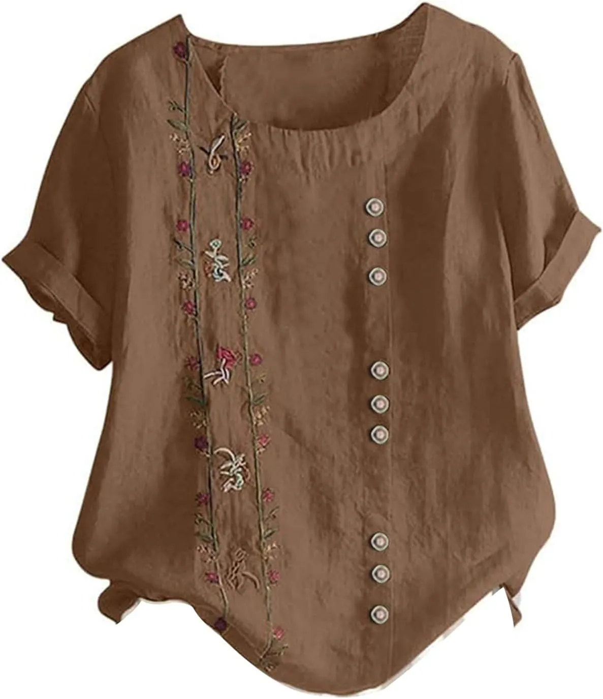 Linen Button-Down Shirt for Women - Floral Embroidered Short Sleeve, Lightweight & Airy, Beach to Office Wear
