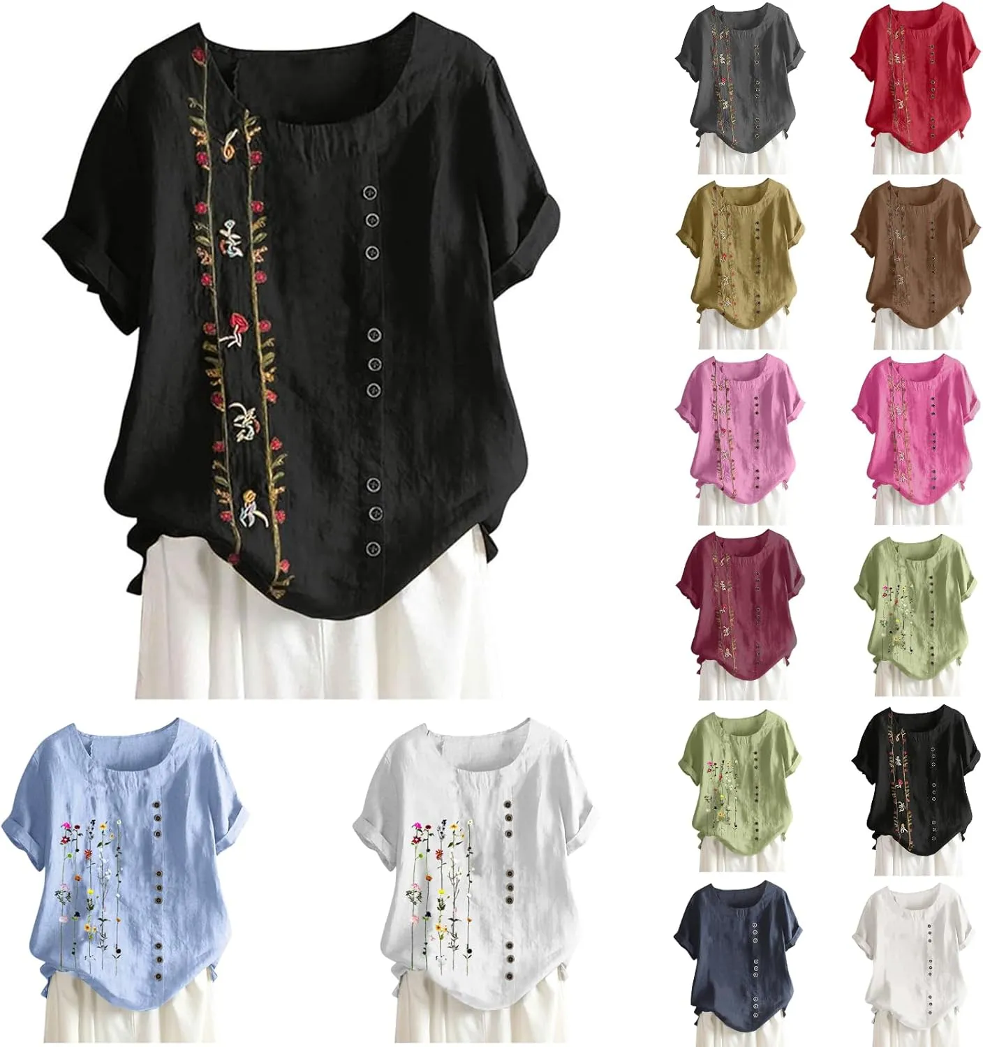 Linen Button-Down Shirt for Women - Floral Embroidered Short Sleeve, Lightweight & Airy, Beach to Office Wear