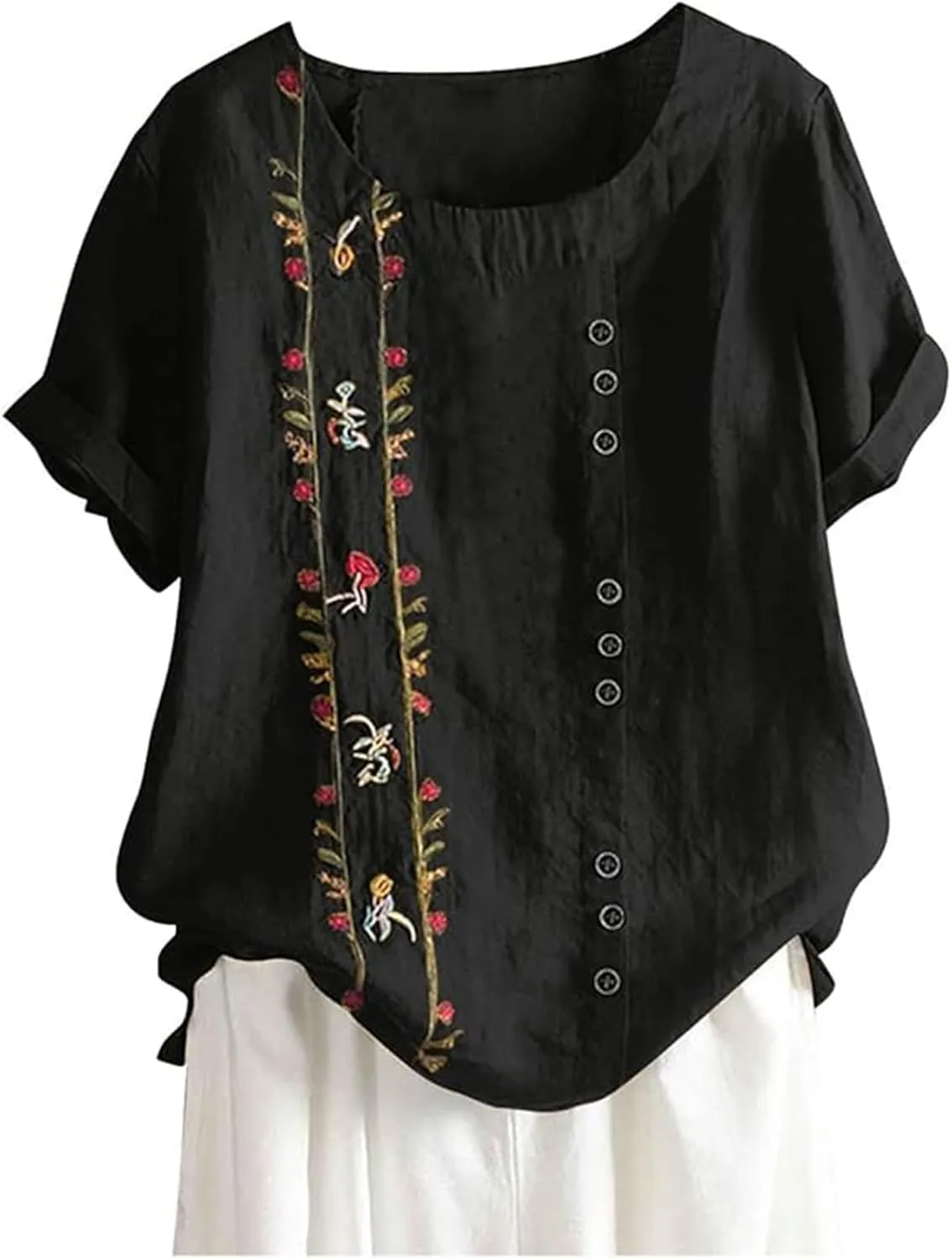 Linen Button-Down Shirt for Women - Floral Embroidered Short Sleeve, Lightweight & Airy, Beach to Office Wear