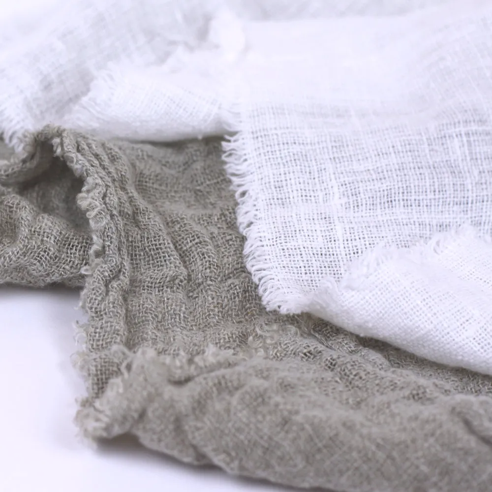Linen Scarf - Stonewashed - White - Loose Open Weave - Frayed Edges - Medium Thick Linen