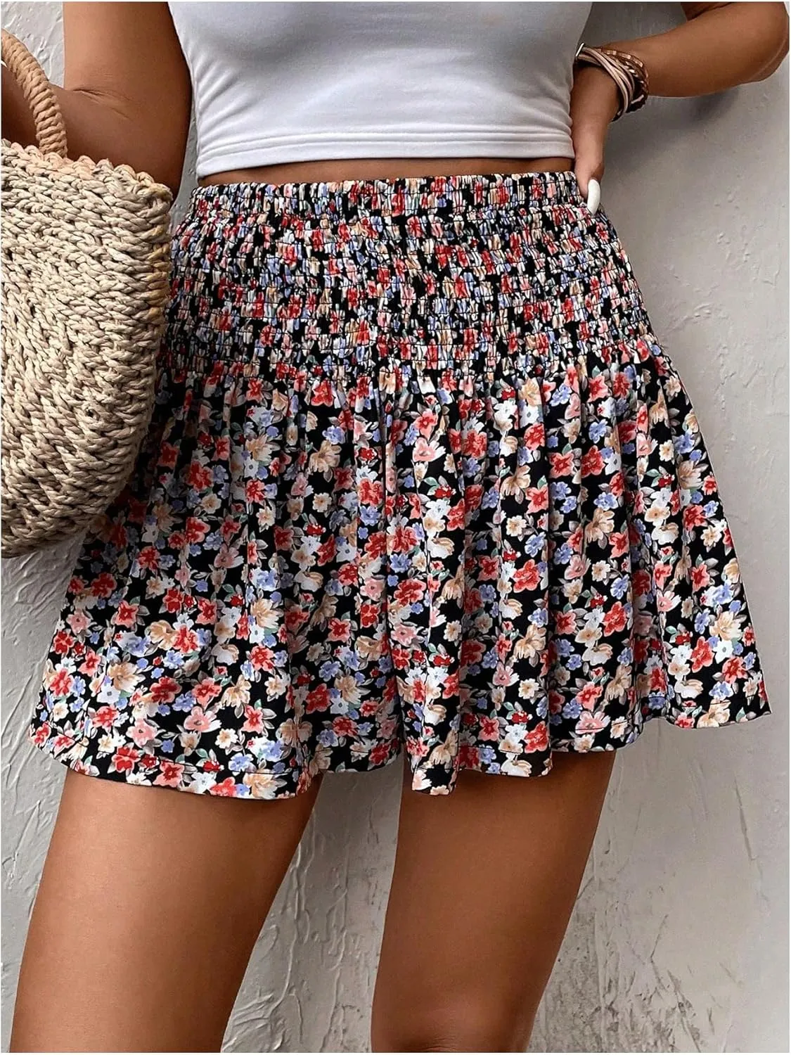 MakeMeChic Women's Plus Size Mini Skirt Ditsy Floral Print Frill Trim Summer A Line Skirt