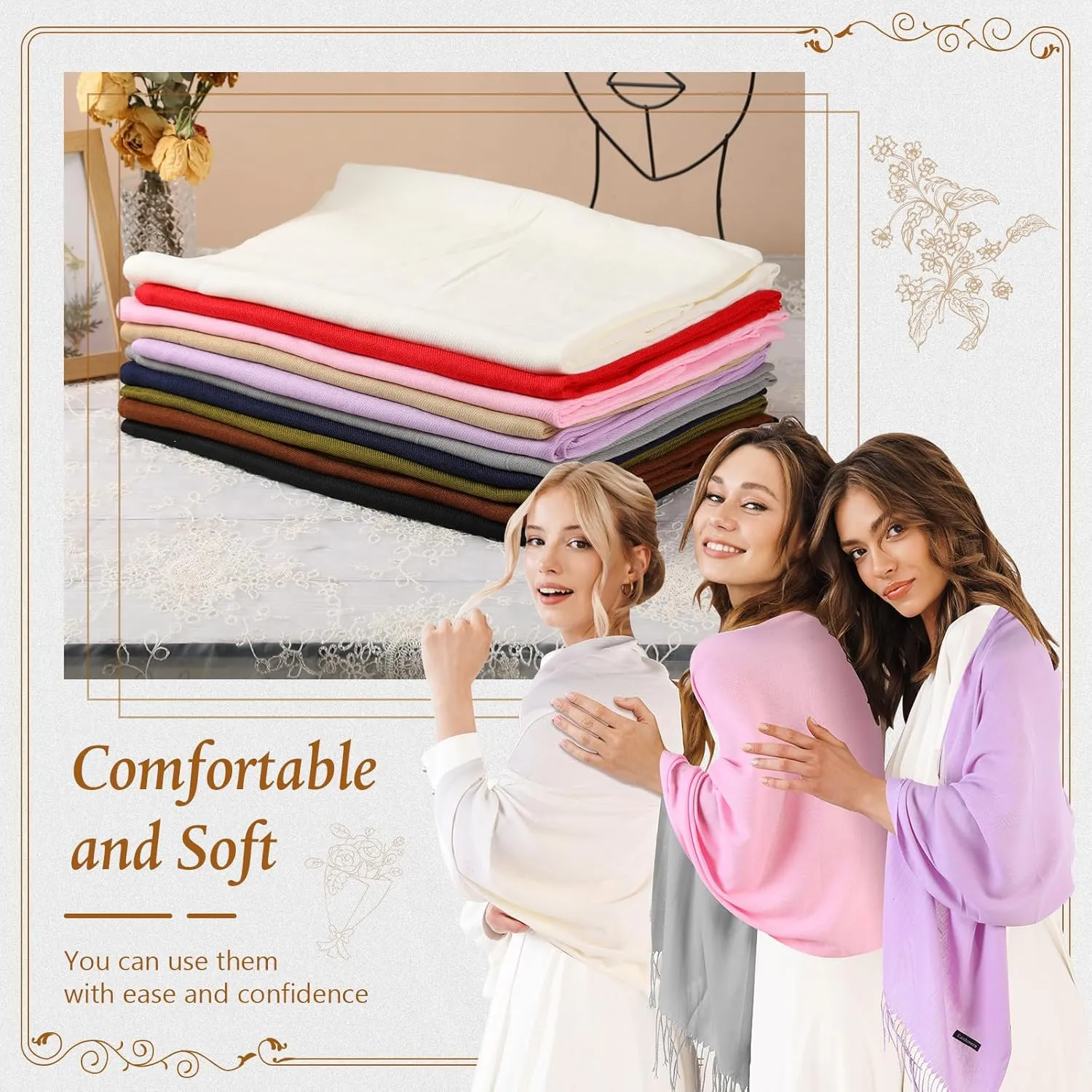 Ramede 50 Pack Pashmina Shawls and Wraps 79 x 28 Inch Bulk Wedding Favors Bridal Shawls Gifts for Guests with Thank You Cards