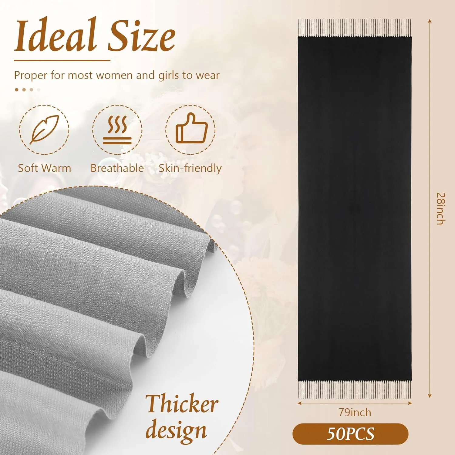 Ramede 50 Pack Pashmina Shawls and Wraps 79 x 28 Inch Bulk Wedding Favors Bridal Shawls Gifts for Guests with Thank You Cards