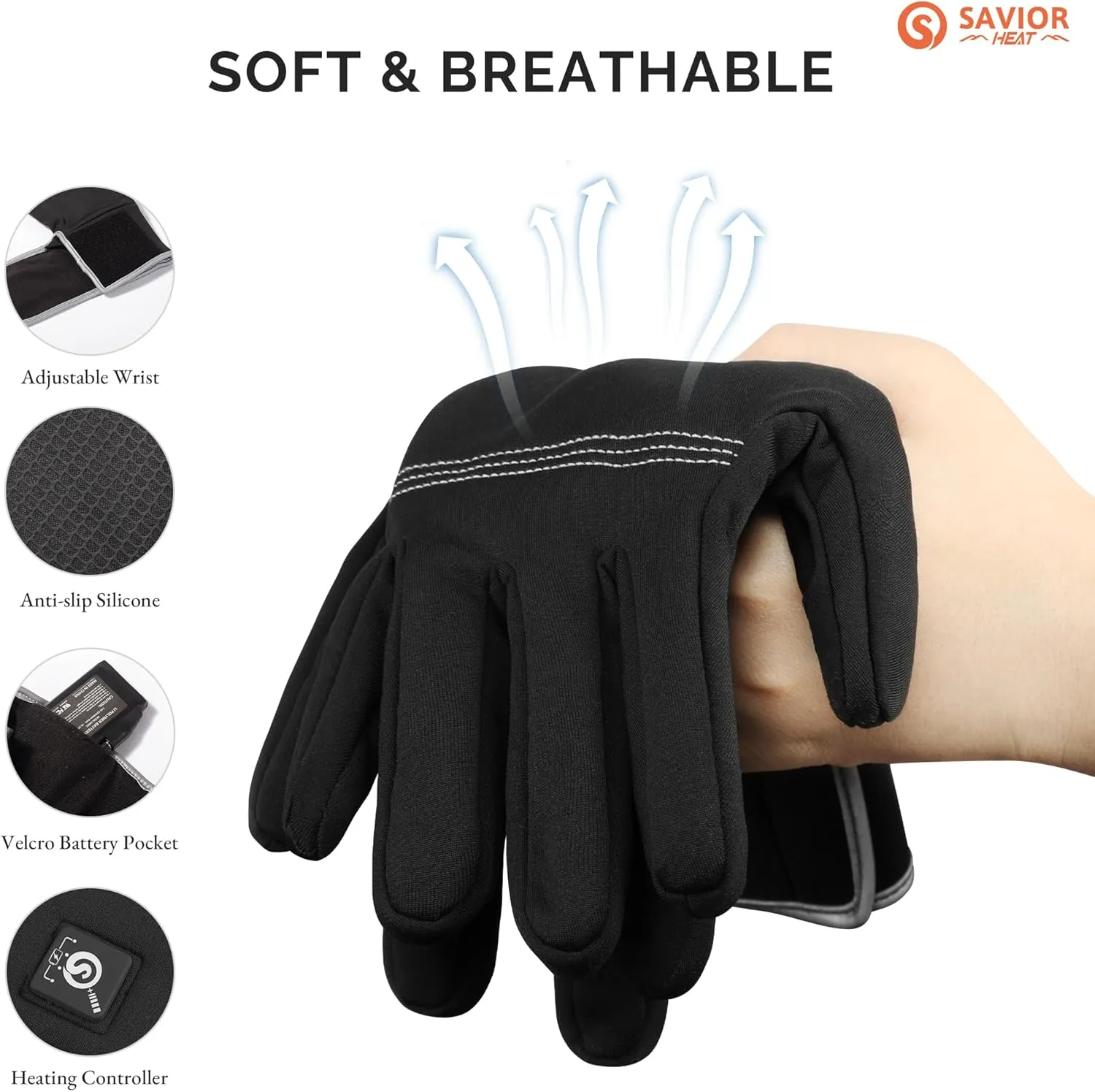 SAVIOR HEAT Heated Glove Liners for Men Thin Heated Gloves for Men 10-Second Fast Heating 8H Warmth 7.4V 2200mAh Battery Ultra-Thin Breathable for Winter Driving Cycling Skiing Camping Typing