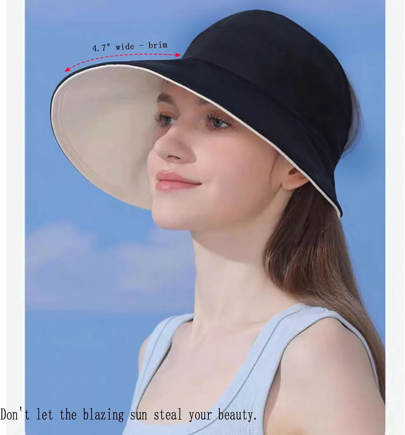 Sun Hats for Womens Wide Brim UV Protection Fishing Hats Packable Reversible Hollow Top Sun Hat for Women onytail Black