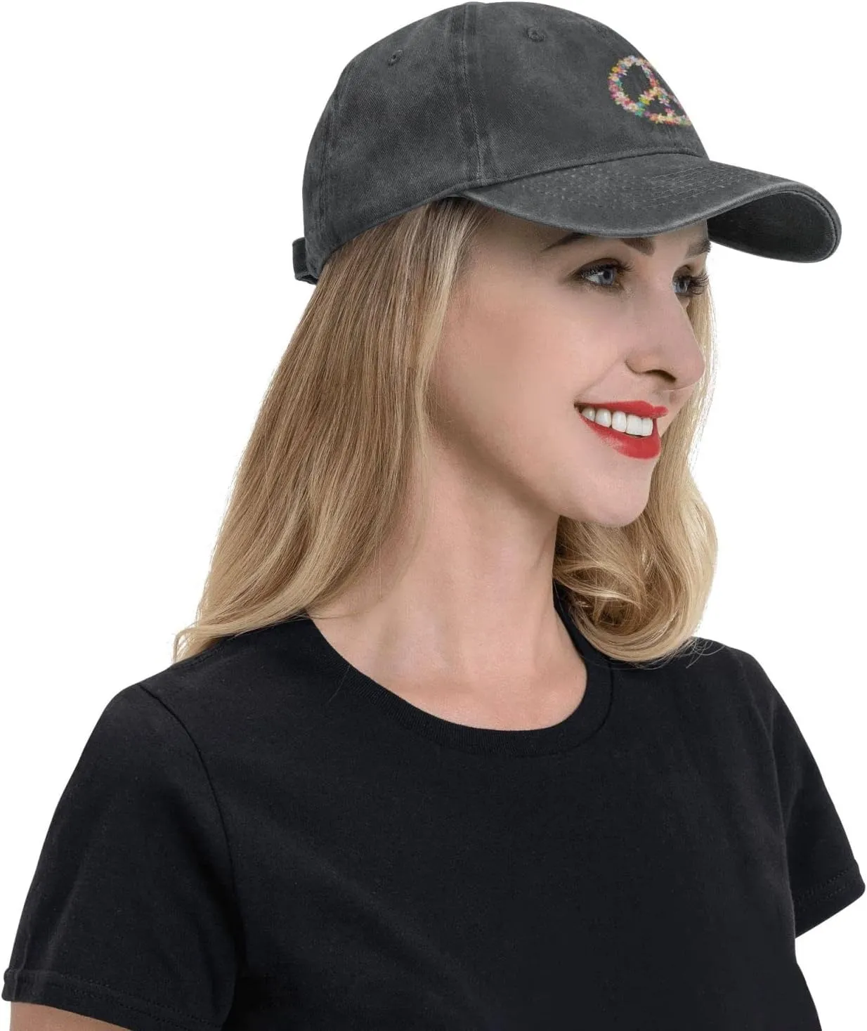 Washed Distressed Adjustable Peace and Love Symbol Flowers Womens Denim Baseball Cap Mom Trucker Hat Cap for Women
