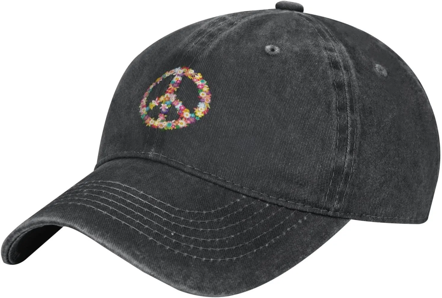 Washed Distressed Adjustable Peace and Love Symbol Flowers Womens Denim Baseball Cap Mom Trucker Hat Cap for Women