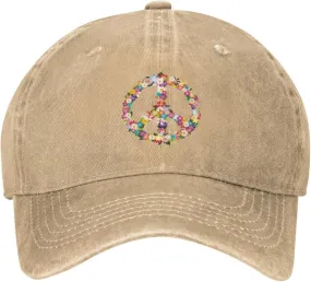 Washed Distressed Adjustable Peace and Love Symbol Flowers Womens Denim Baseball Cap Mom Trucker Hat Cap for Women
