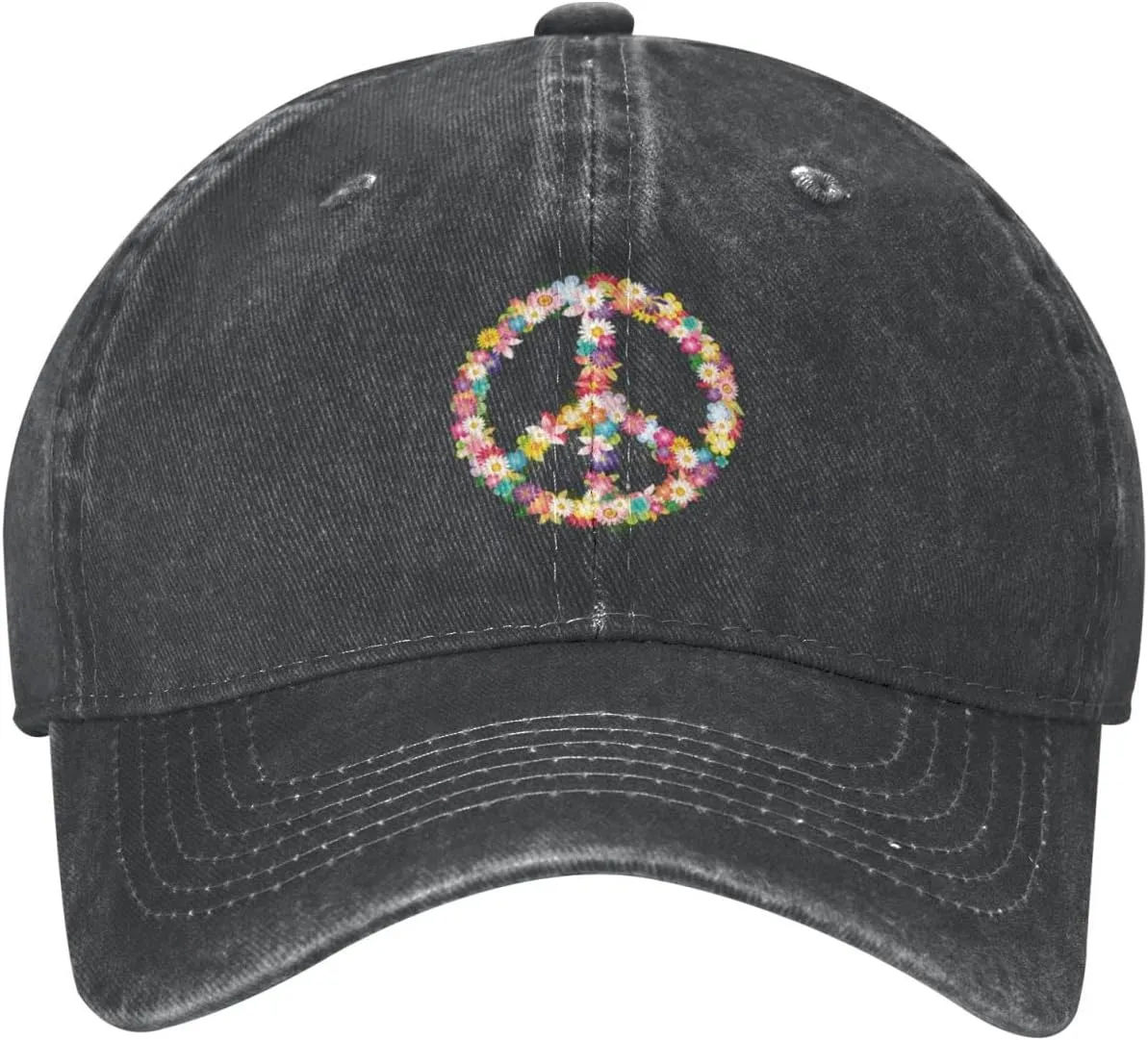 Washed Distressed Adjustable Peace and Love Symbol Flowers Womens Denim Baseball Cap Mom Trucker Hat Cap for Women