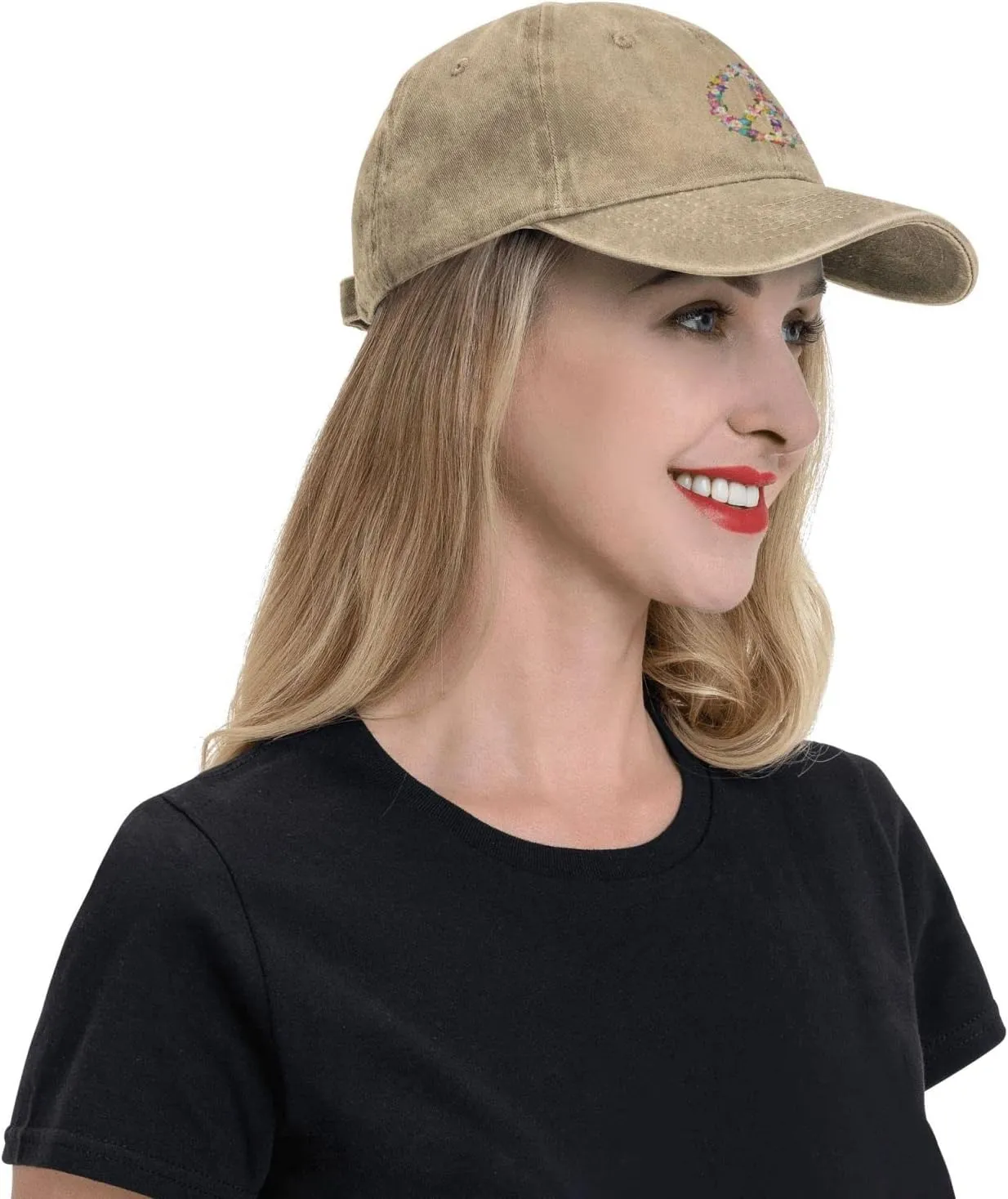 Washed Distressed Adjustable Peace and Love Symbol Flowers Womens Denim Baseball Cap Mom Trucker Hat Cap for Women