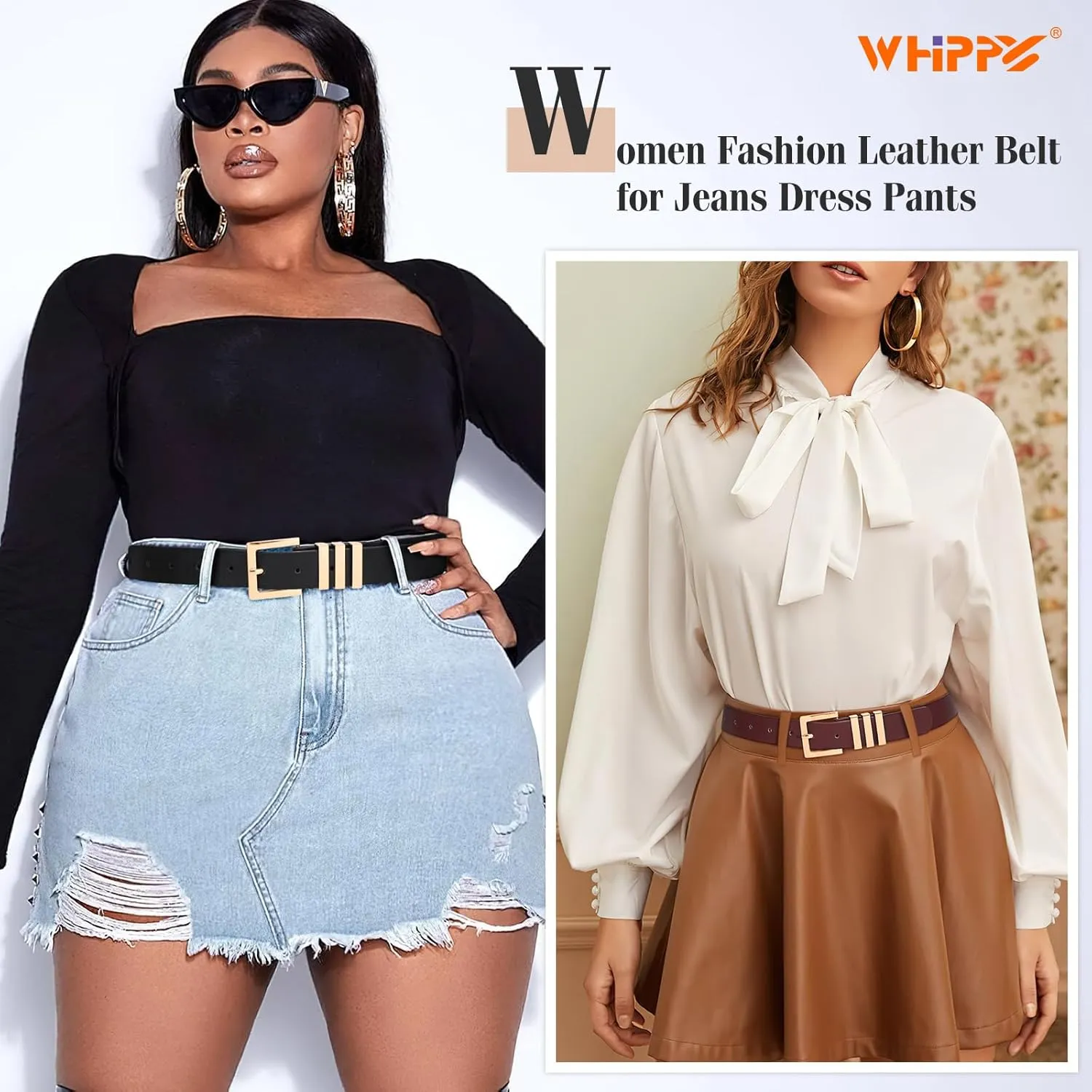 WHIPPY 2 Pack Women's Leather Belts Fashion Square Gold Buckle Ladies Belt for Jeans Pants Dress