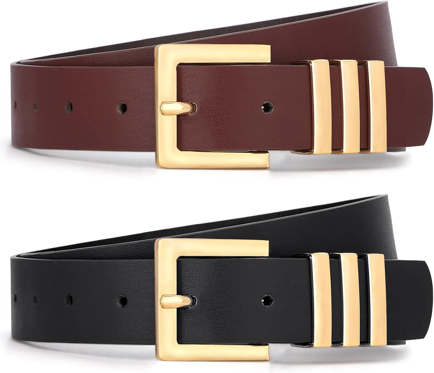 WHIPPY 2 Pack Women's Leather Belts Fashion Square Gold Buckle Ladies Belt for Jeans Pants Dress
