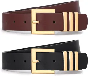 WHIPPY 2 Pack Women's Leather Belts Fashion Square Gold Buckle Ladies Belt for Jeans Pants Dress