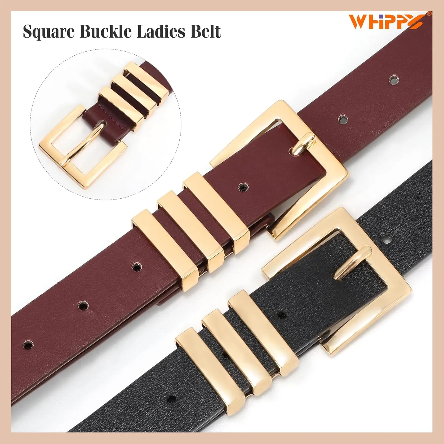 WHIPPY 2 Pack Women's Leather Belts Fashion Square Gold Buckle Ladies Belt for Jeans Pants Dress