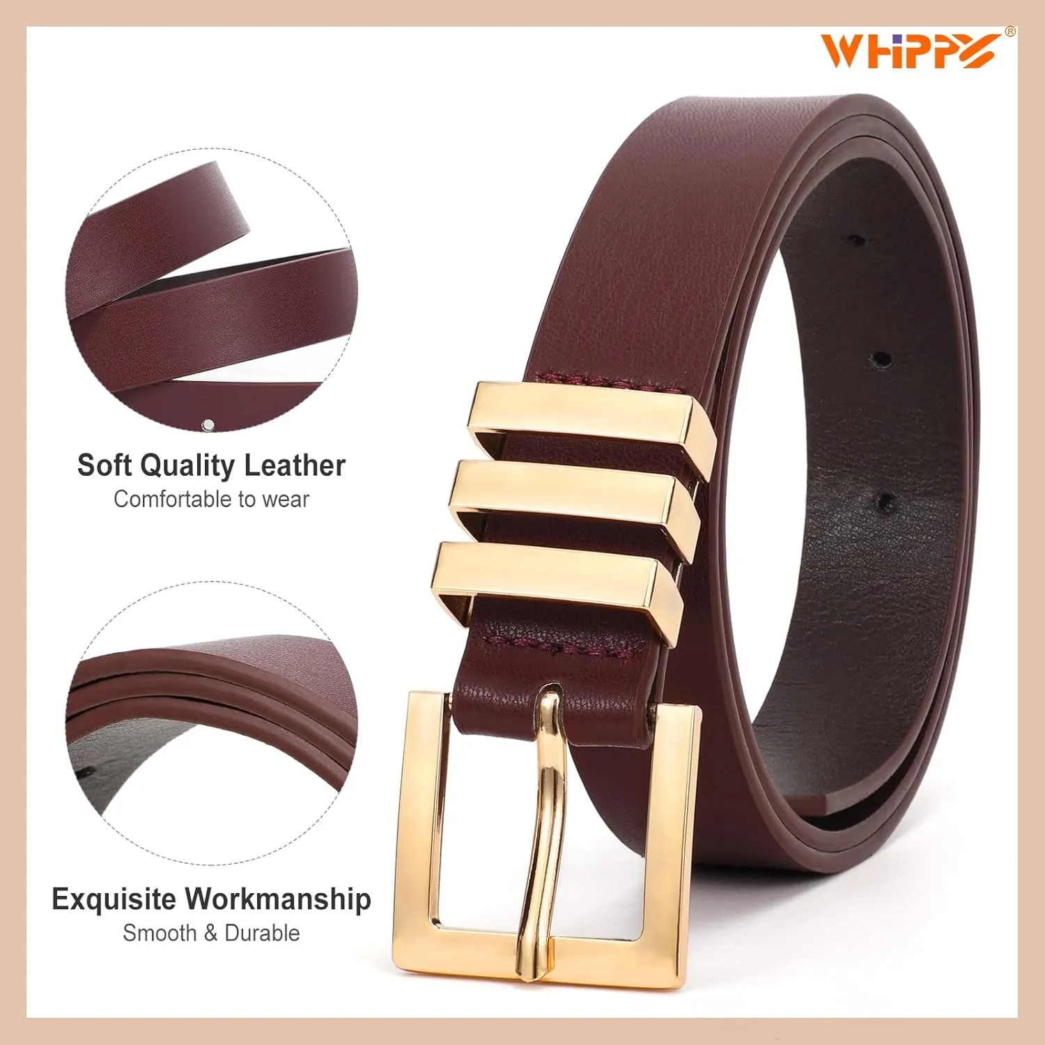 WHIPPY 2 Pack Women's Leather Belts Fashion Square Gold Buckle Ladies Belt for Jeans Pants Dress