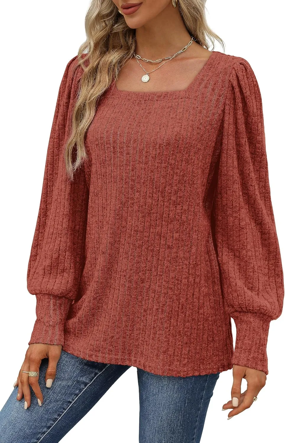 WIHOLL Long Sleeve Shirts for Women Trendy Casual Square Neck Tops Lightweight Sweaters