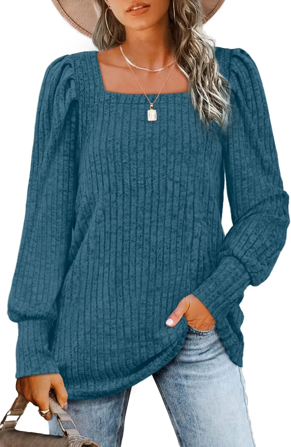 WIHOLL Long Sleeve Shirts for Women Trendy Casual Square Neck Tops Lightweight Sweaters