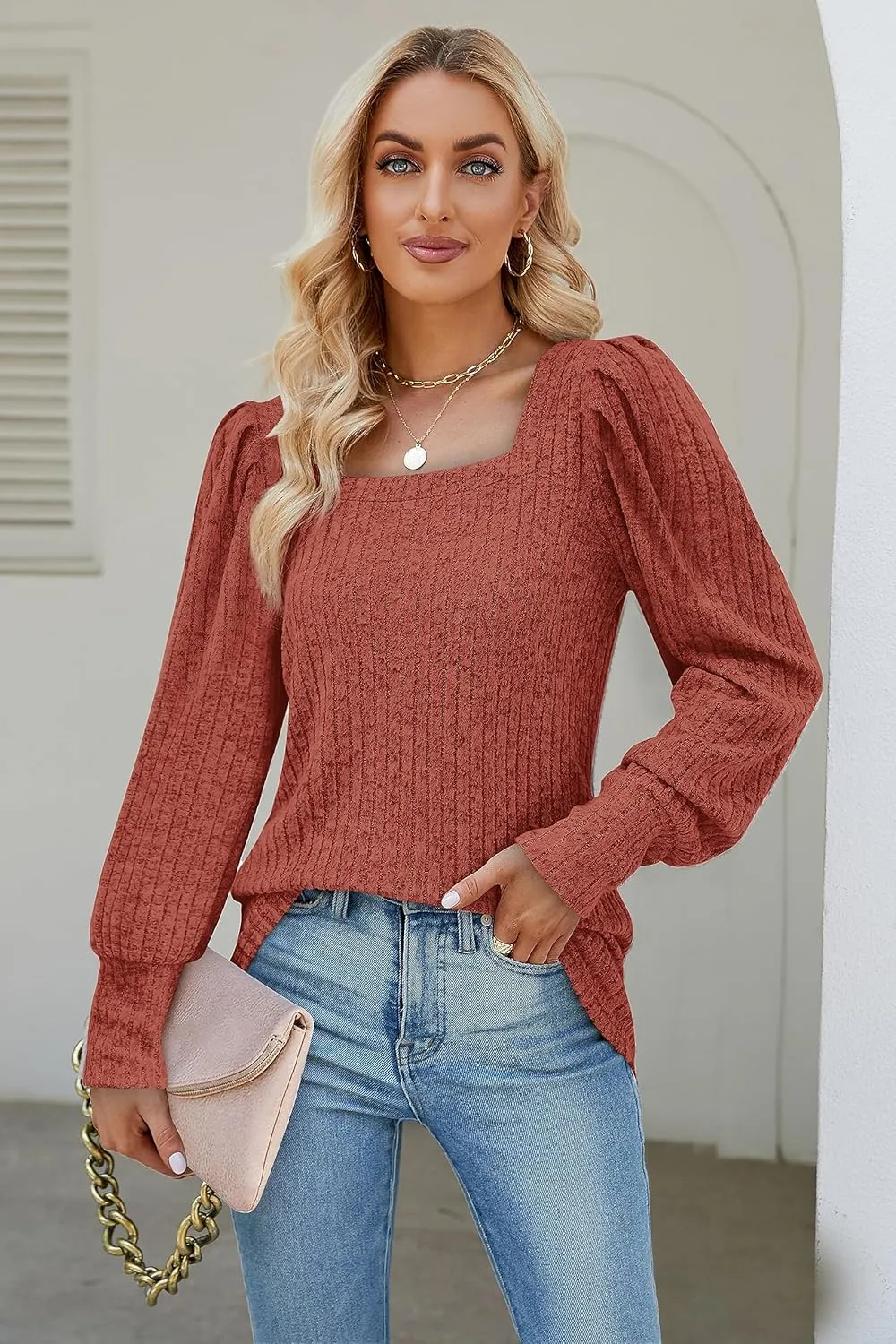 WIHOLL Long Sleeve Shirts for Women Trendy Casual Square Neck Tops Lightweight Sweaters
